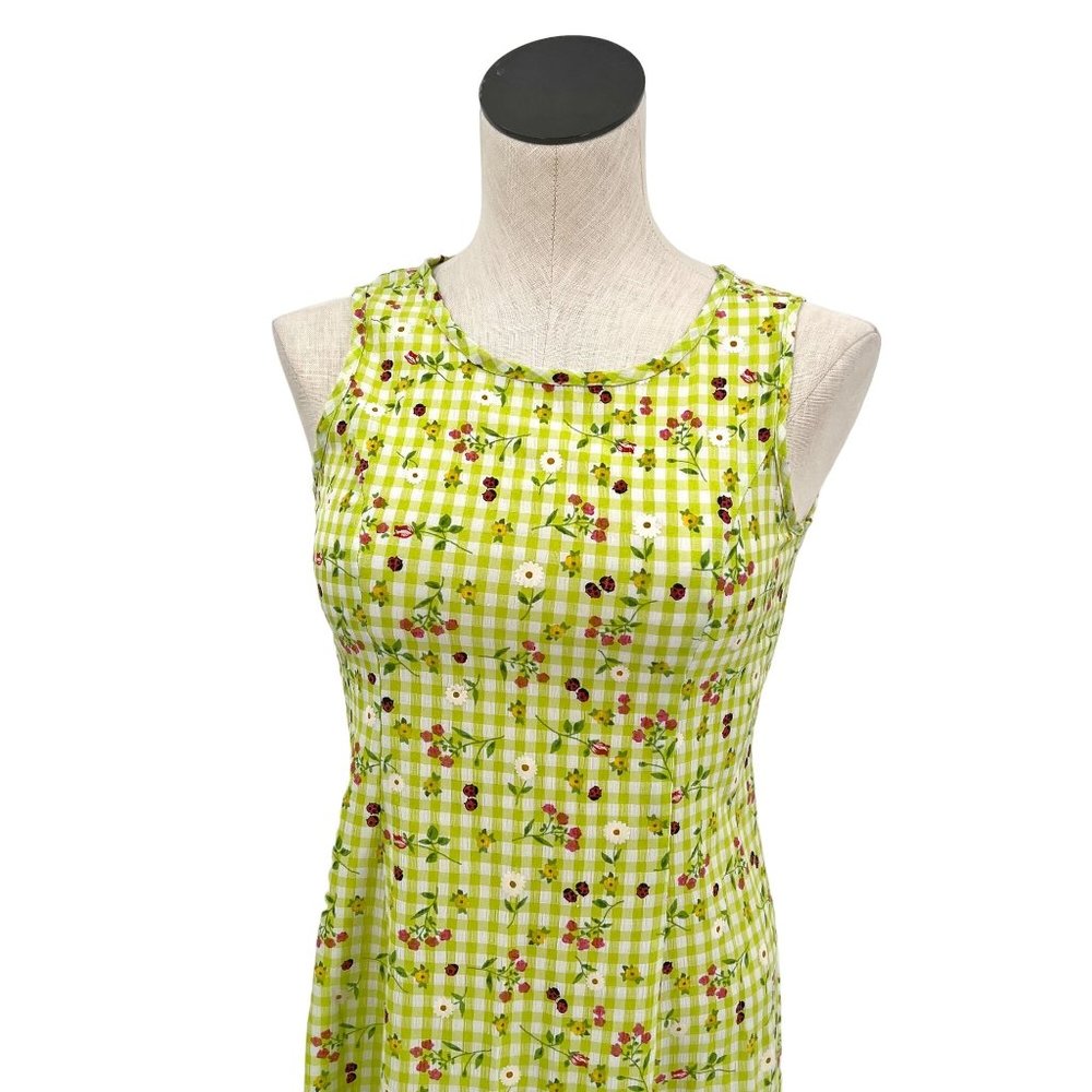 Corset Back Vintage 90's Green Ladybug Picnic A-Line Dress with Criss Cross - Picture 3 of 8